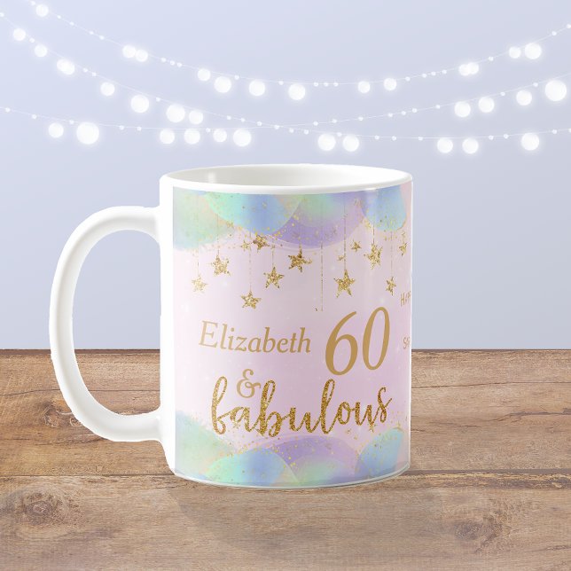 Illamående 60:e födelsedagen Guld Glitter Kaffemugg (A fabulous 60th birthday design with gold stars balloons and glitter effect wording)