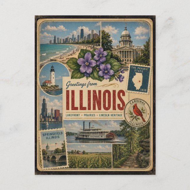 Illinois Äkta Vintage-Style Vykort (Framsida)