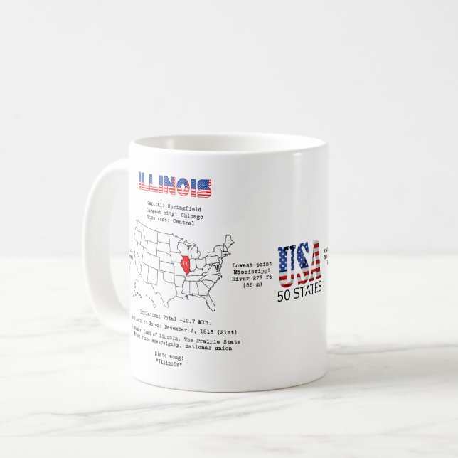 Illinois American State på karta och användbar inf Kaffemugg (Framsida vänster)