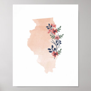 Illinois Blommigt Watercolor State Poster