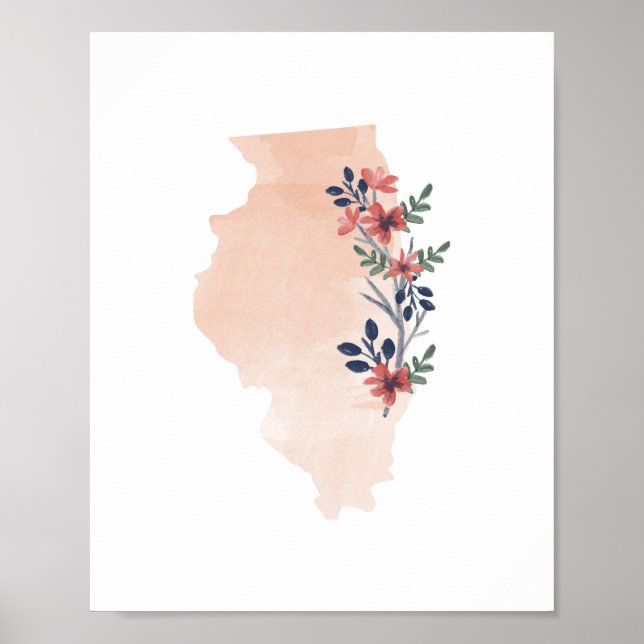 Illinois Blommigt Watercolor State Poster (Framsidan)