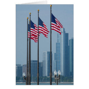 Illinois, Chicago. Navy Pier, amerikanska flaggor Hälsningskort