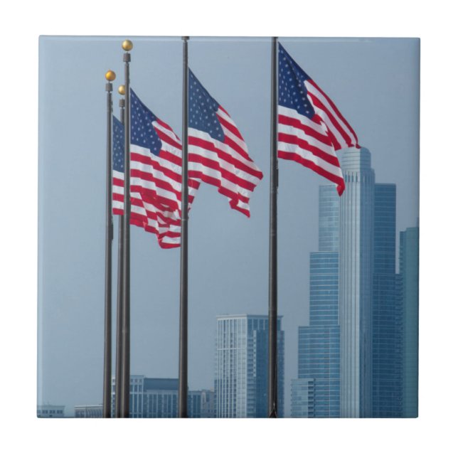Illinois, Chicago. Navy Pier, amerikanska flaggor  Kakelplatta (Framsidan)