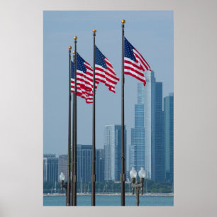 Illinois, Chicago. Navy Pier, amerikanska flaggor Poster