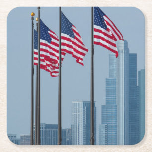 Illinois, Chicago. Navy Pier, amerikanska flaggor  Underlägg Papper Kvadrat