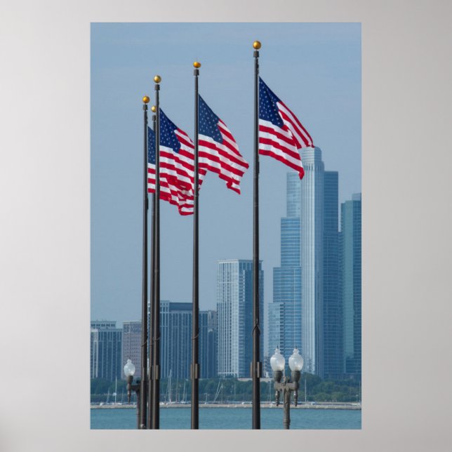 Illinois, Chicago. Navy Pier, US flaggor, flygande Poster (Framsidan)
