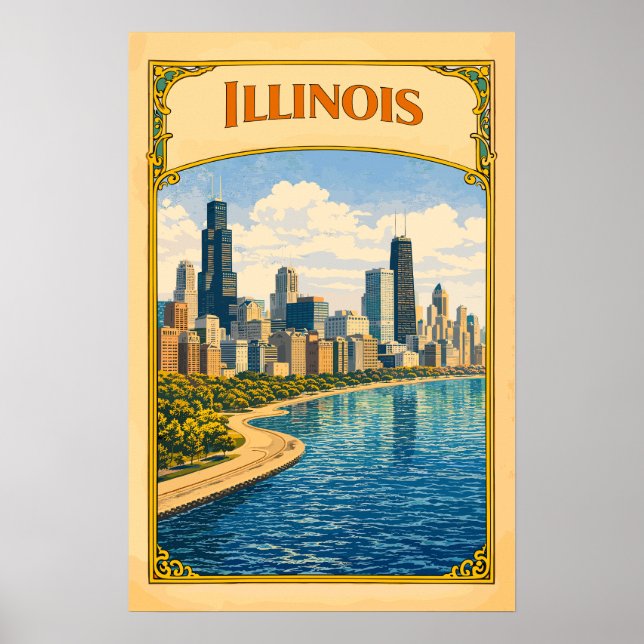 Illinois Chicago Skyline Vintage Poster (Framsidan)