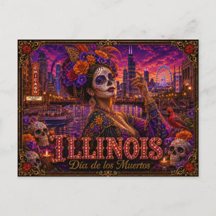 Illinois Día de los Muertos Retro Vykort