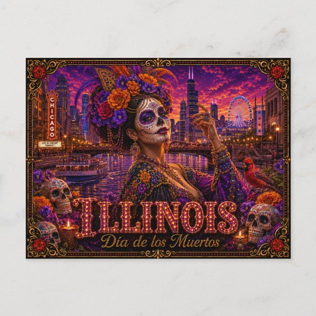 Illinois Día de los Muertos Retro Vykort (Framsida)