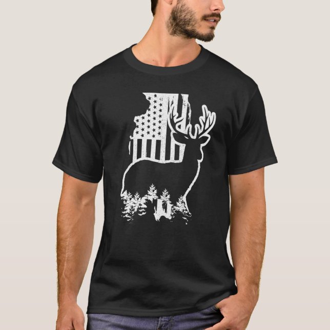Illinois Elk Hunting State Karta US Flagga Patriot T Shirt (Framsida)