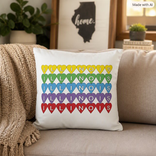 Illinois Färgat Hjärta Kärlek Kudde (A throw pillow with the word Illinois in yellow, green, blue, purple & red hearts.)