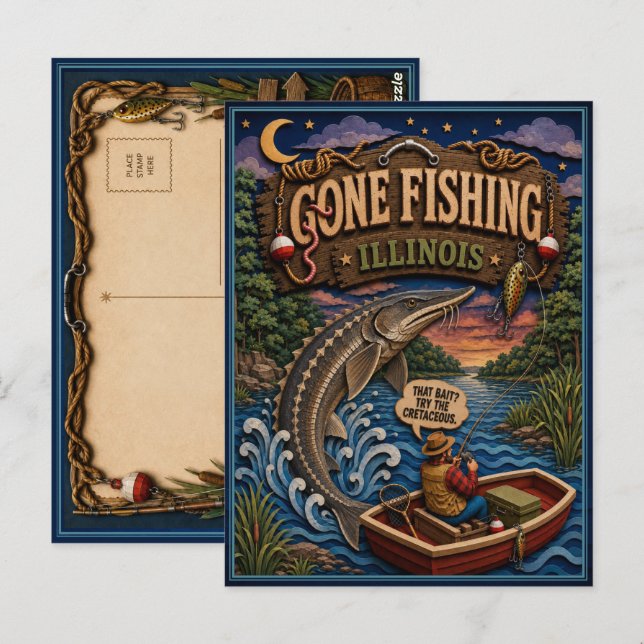Illinois Gone Fishing Lake Sturgeon Vykort (Fram/baksida)
