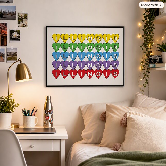 Illinois hjärtmönster Färgrik design för delstatss Poster (A poster that says Illinois in a colorful rainbow heart pattern.)