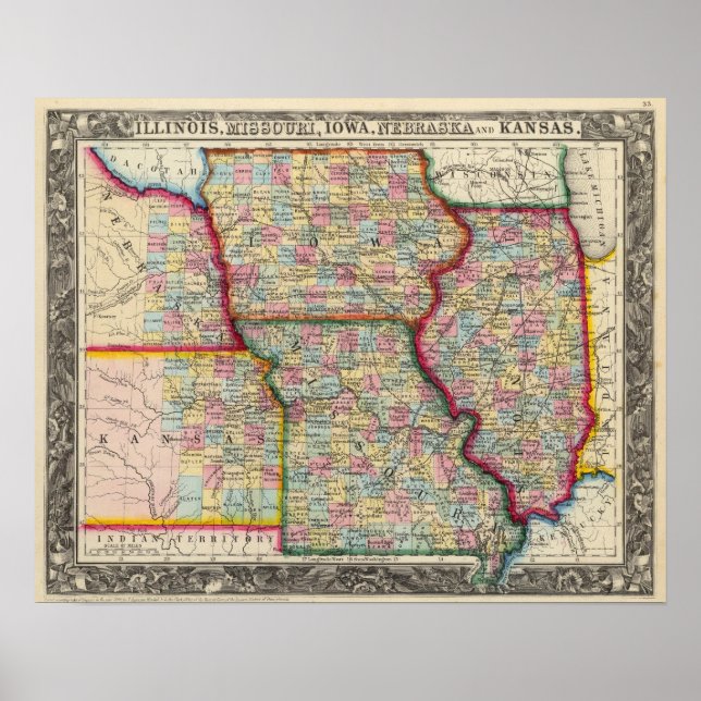 Illinois, Missouri, Iowa, Nebraska och Kansas Poster (Framsidan)