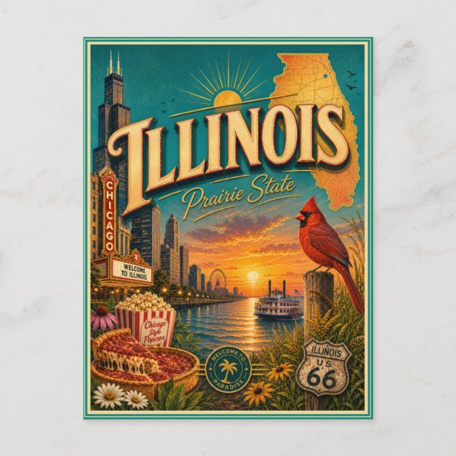 Illinois Retro Resminnen Souvenir Postkort Vykort (Framsida)