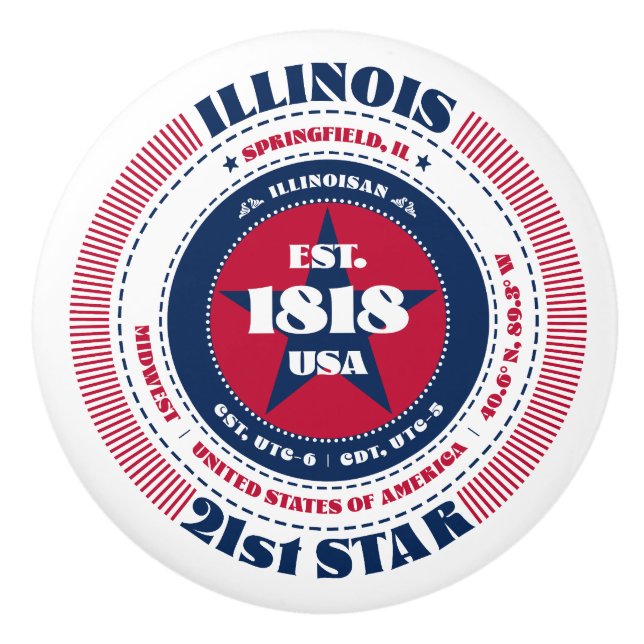 Illinois State Fakta Röd Vit Blå Typografi Knopp (Framsidan)