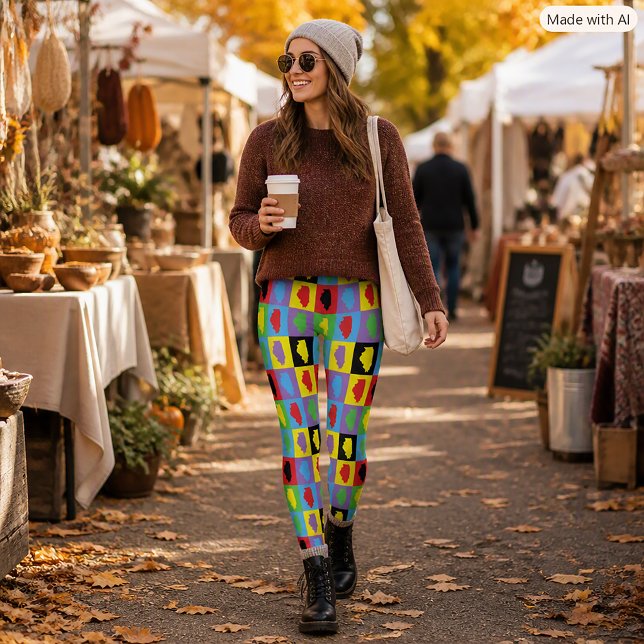 Illinois State Pride Pop Art-mönster Leggings (A pair of leggings with a pop art pattern of the US state of Illinois.)