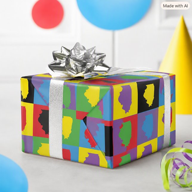 Illinois State Pride Pop Art-mönster Presentpapper (Wrapping paper featuring a rainbow pop art pattern of the US state of Illinois.)