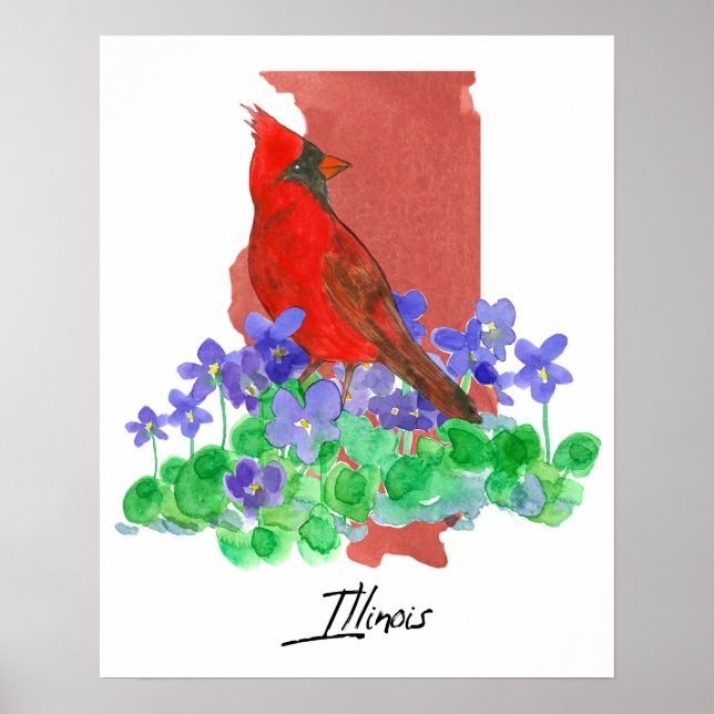 Illinois State Shape Cardinal Purple Wood Violets Poster (Framsidan)