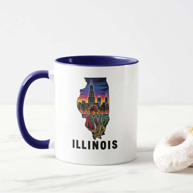 Illinois State Tatto Stil Skyline Jazz Saxophone Mugg (Med munk)