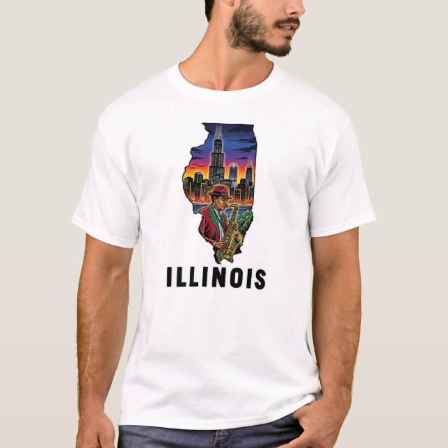 Illinois State Tatto Stil Skyline Jazz Saxophone T Shirt (Framsida)