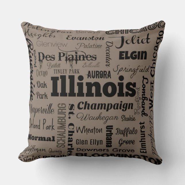Illinois typografidekorativ kudde i taupe & svart (Framsida)