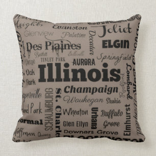 Illinois typografidekorativ kudde i taupe & svart