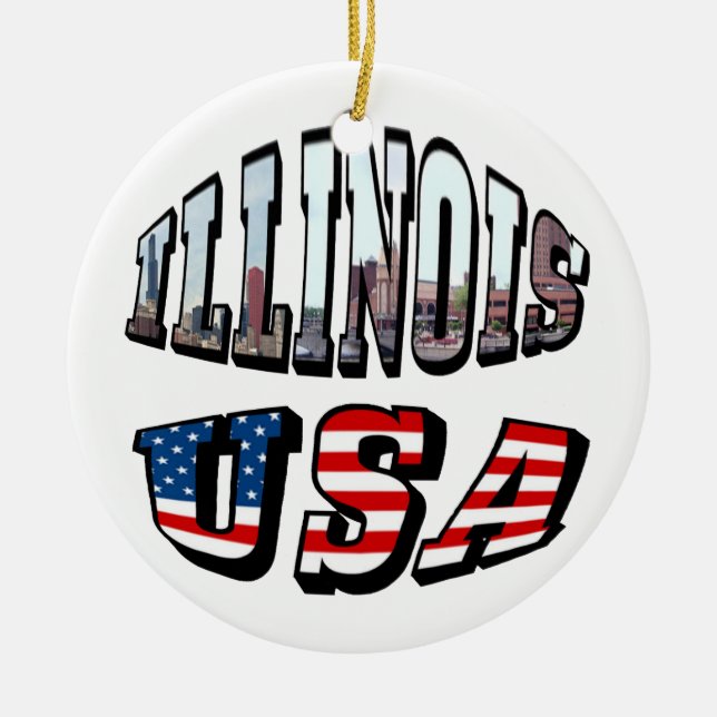 Illinois USA flagga & State Photo Text Julgransprydnad Keramik (Framsidan)