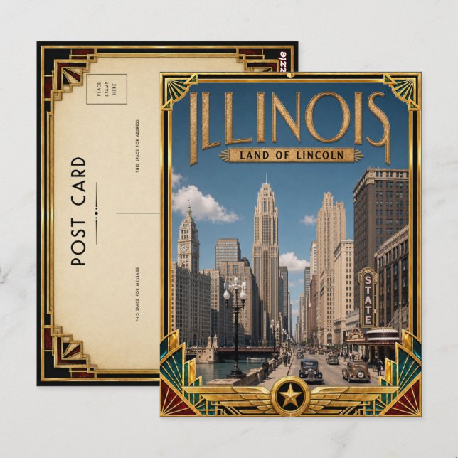 Illinois Vintage Art Deco-guldåldern Vykort (Fram/baksida)