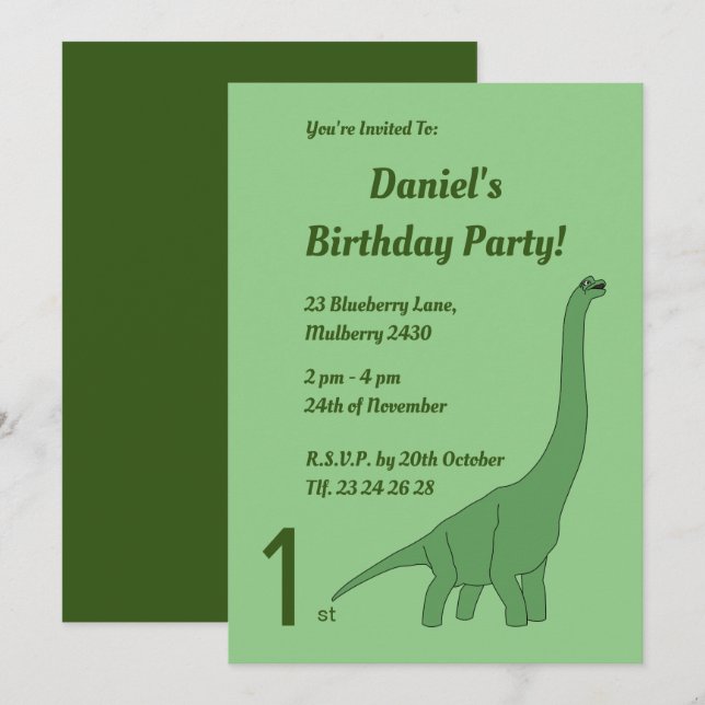 Illsima Grönt Long Necked Dinosaur Boys Birthday Inbjudningar (Fram/baksida)