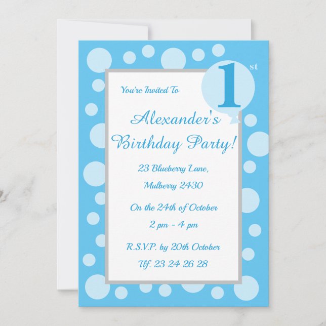 Illsima Light Blue Spots & Dots Boys 1:a födelseda Inbjudningar (Framsida)