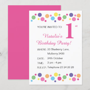 Illsima Rainbow Dots Girls Rosa Birthday Invati Inbjudningar