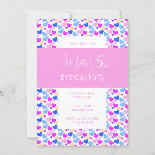 Illsima Rainbow Love Hearts Pink 5th Birthday Inbjudningar