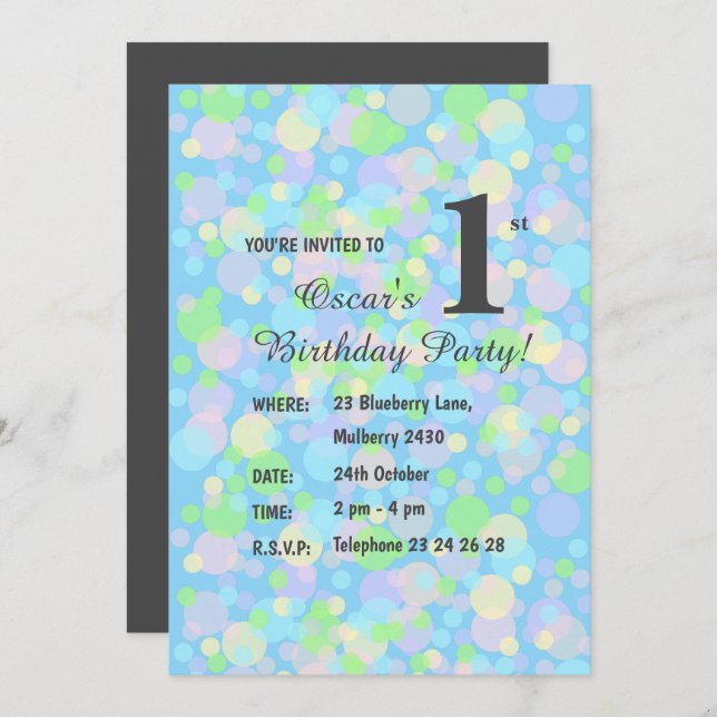 Illsima Rainbow Pastel Dots Boys Blue Birthday in Inbjudningar (Fram/baksida)