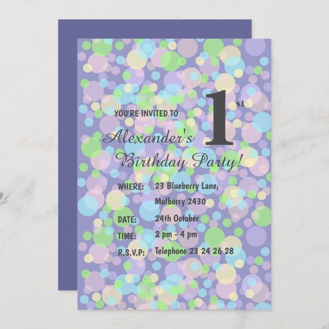 Illsima Rainbow Pastel Dots Boys Lila Birthday Inbjudningar (Fram/baksida)