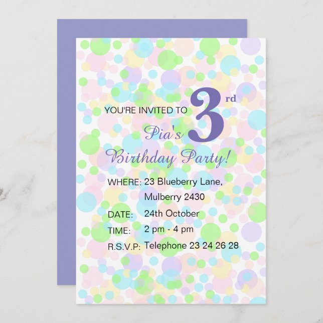 Illsima Rainbow Pastel Dots Girls Lila Birthday Inbjudningar (Fram/baksida)