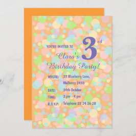 Illsima Rainbow Pastel Dots Girls Orange Birthday Inbjudningar