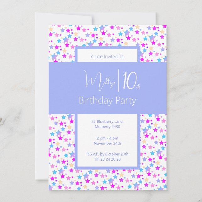 Illsima Rainbow Stars Blue Girls 10:e födelsedagen Inbjudningar (Framsida)