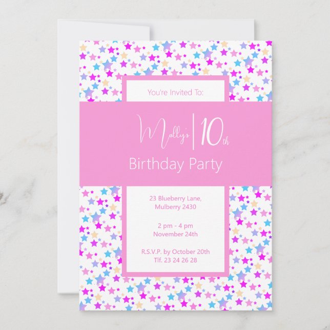 Illsima Rainbow Stars Rosa Girls 10:e födelsedagen Inbjudningar (Framsida)