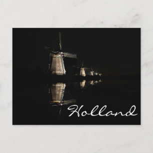 Illuminerade väderkvarnar i Kinderdijk text vykort