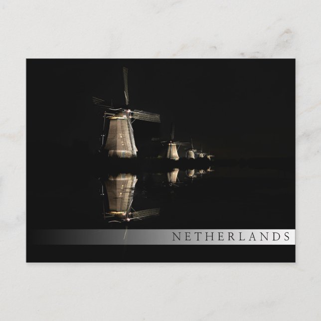 Illuminerade väderkvarnar på nattbar vykort (Framsida)