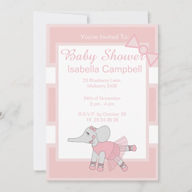 illusima Ballerina Elephant Baby Rosa Baby Shower Inbjudningar (Framsida)