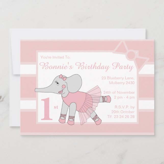 illusima Ballerina Elephant Baby Rosa Birthday Inbjudningar (Framsida)