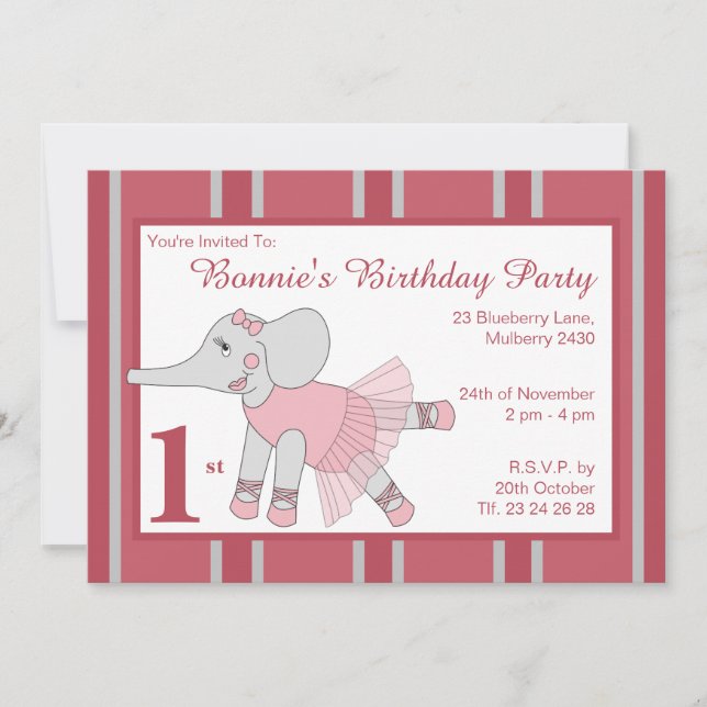 illusima Ballerina Elephant Girls Maroon Birthday Inbjudningar (Framsida)