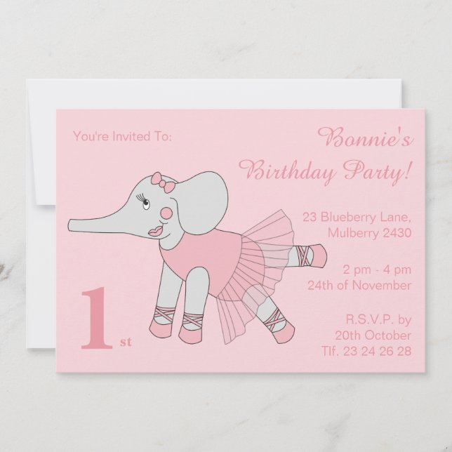 illusima Ballerina Elephant Girls Rosa Birthday Inbjudningar (Framsida)