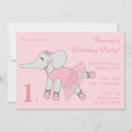 illusima Ballerina Elephant Girls Rosa Birthday Inbjudningar