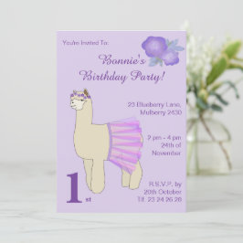 illusima Ballerina Llama Girls Lila Birthday Inbjudningar