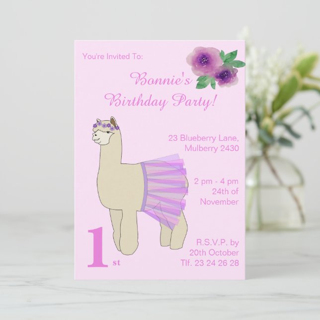 illusima Ballerina Llama Girls Rosa Birthday Inbjudningar (Stående Fram)