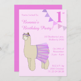 illusima Ballerina Llama Girls Rosa Flaggor Birthd Inbjudningar