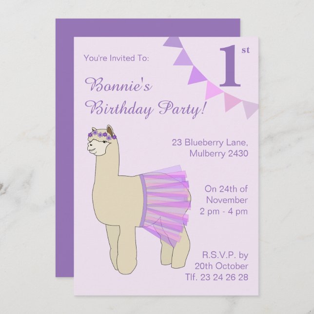 illusima Ballerina Llama Lila Flaggor Birthday Inbjudningar (Fram/baksida)